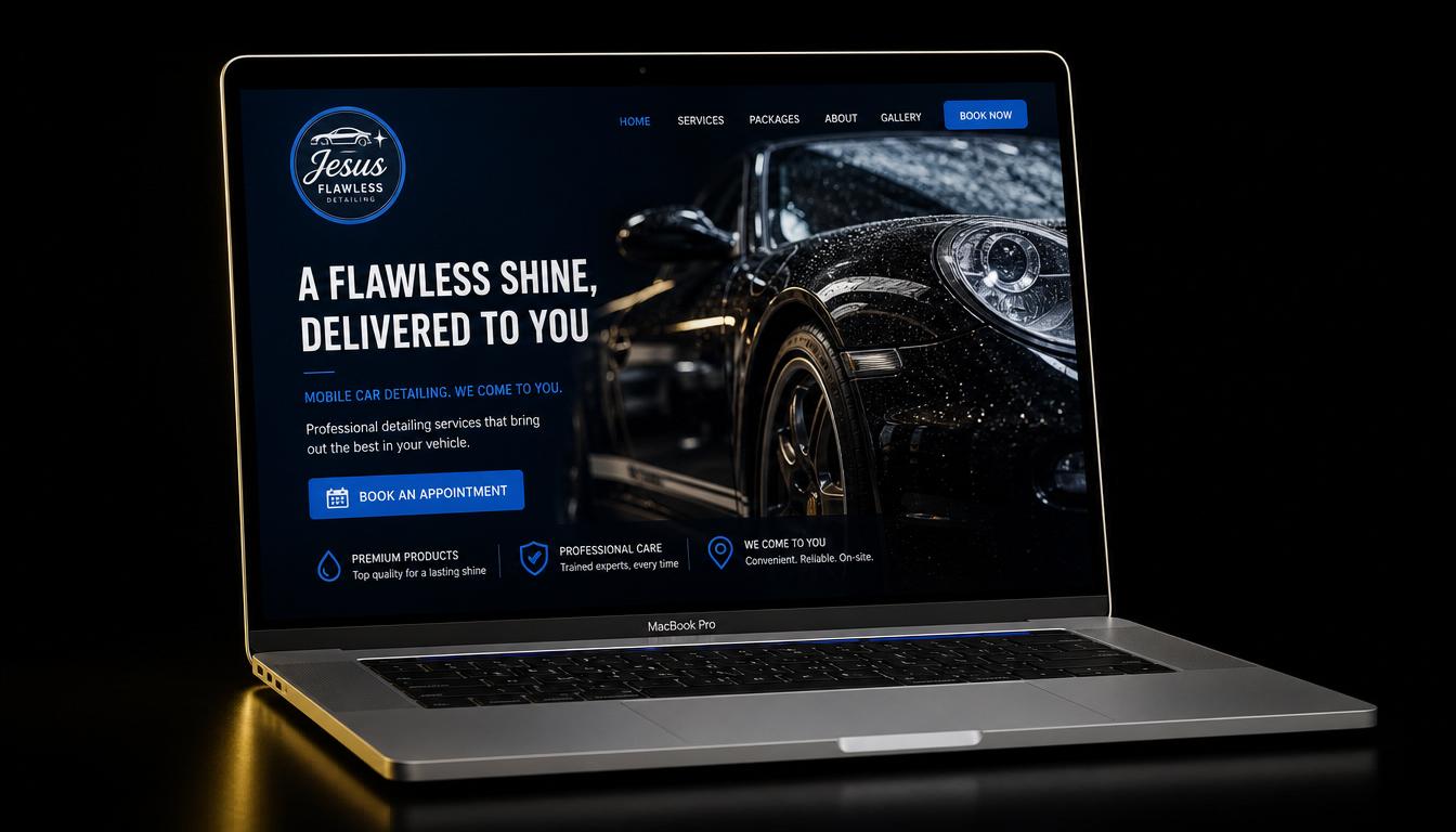 Jesus Flawless Detailing website mockup on a laptop screen